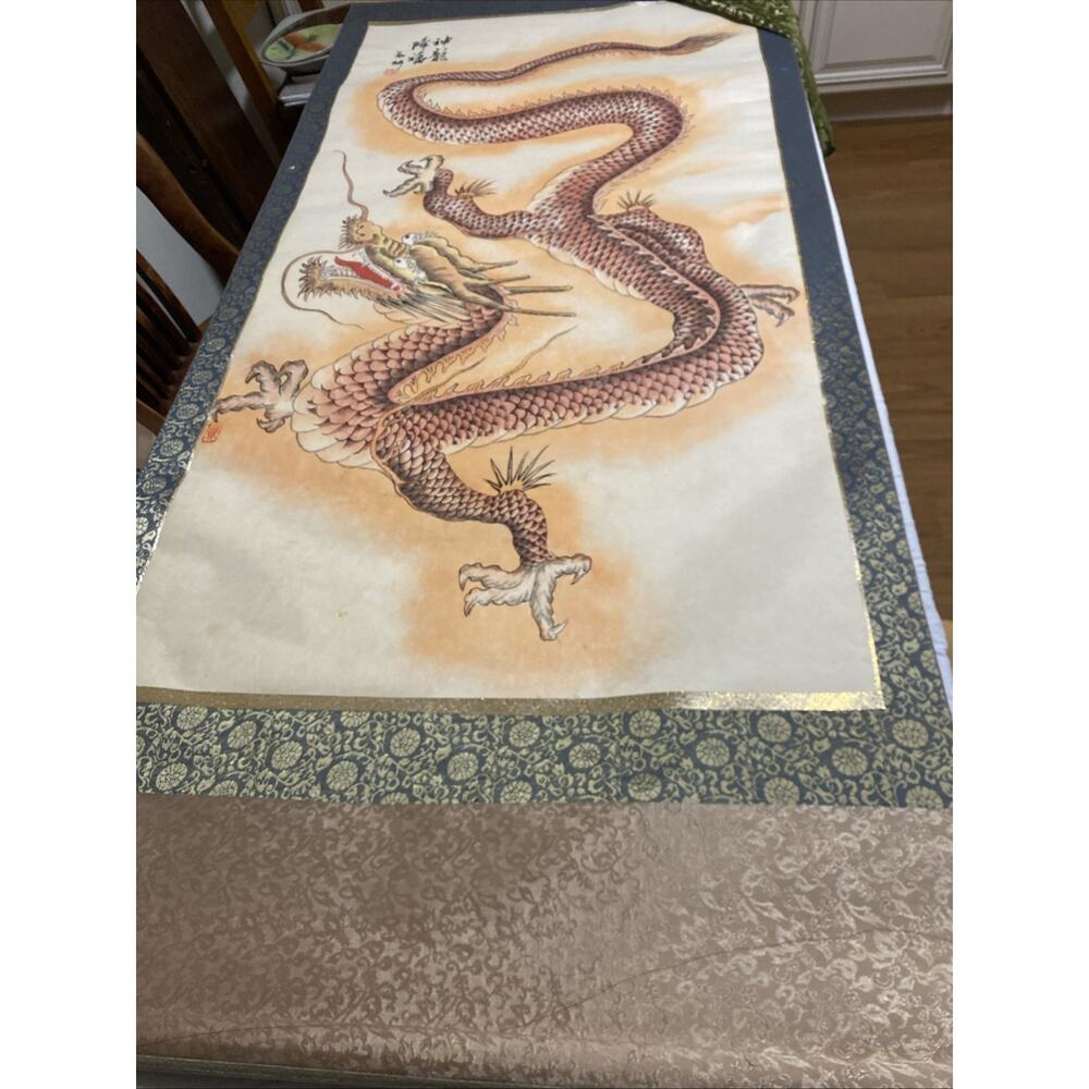 Vintage Japanese Style Dragon Hanging Scroll Silk Brocade Wall Art Signed